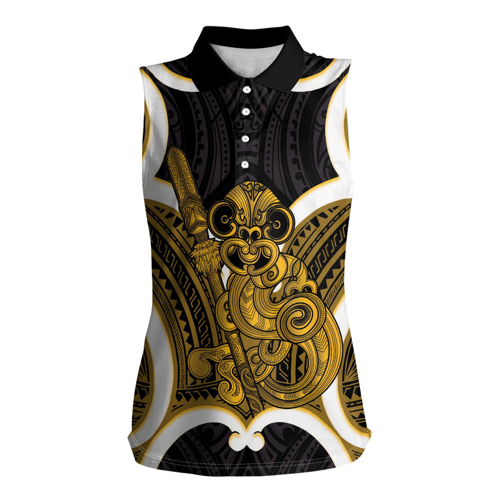 Kowhai Aotearoa Atua Tumatauenga Personalised Women Sleeveless Polo Shirt Maori God Of War Tiki With Taiaha LT14 Female Yellow - Polynesian Pride