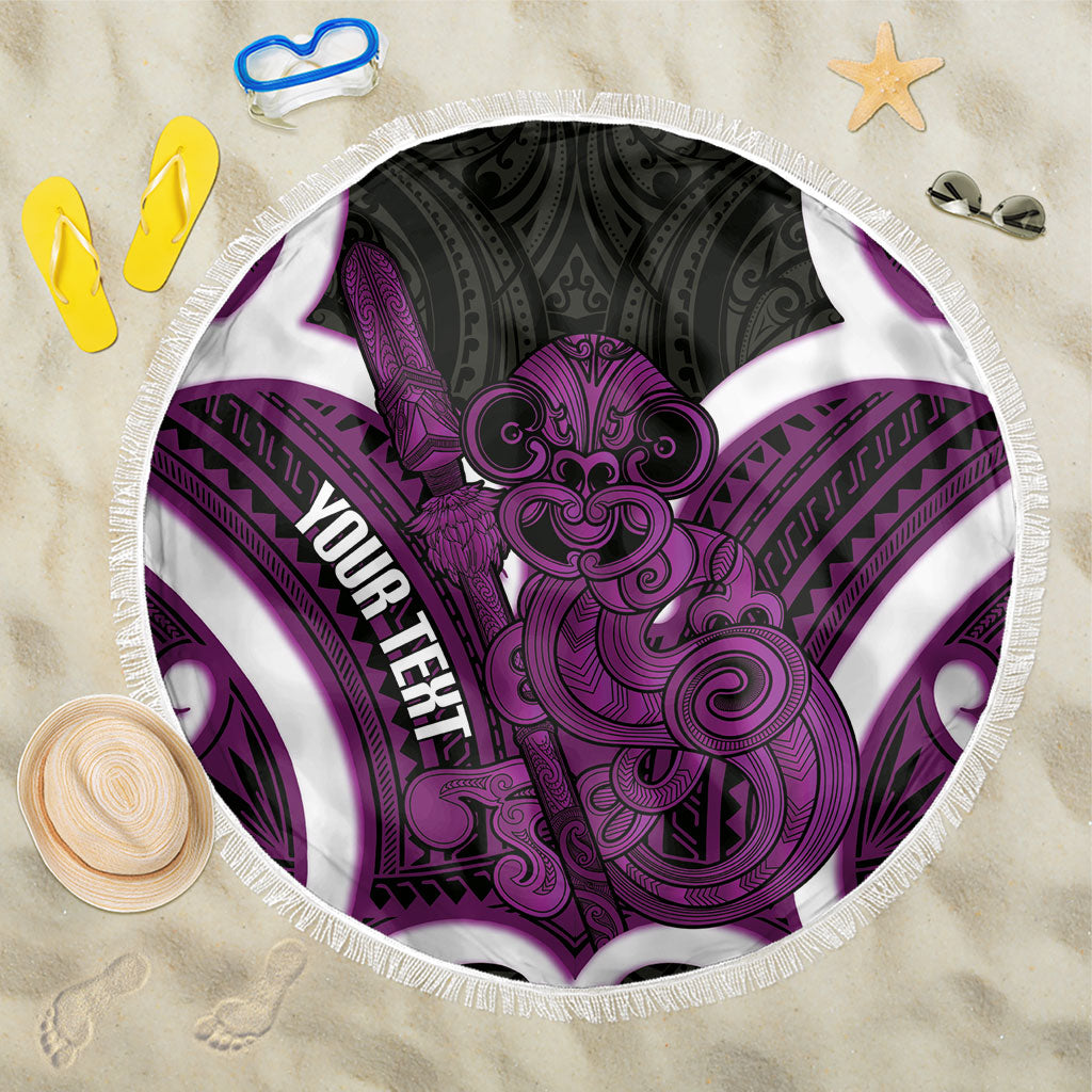 Waiporoporo Aotearoa Atua Tumatauenga Personalised Beach Blanket Maori God Of War Tiki With Taiaha LT14 One Size 150cm Purple - Polynesian Pride