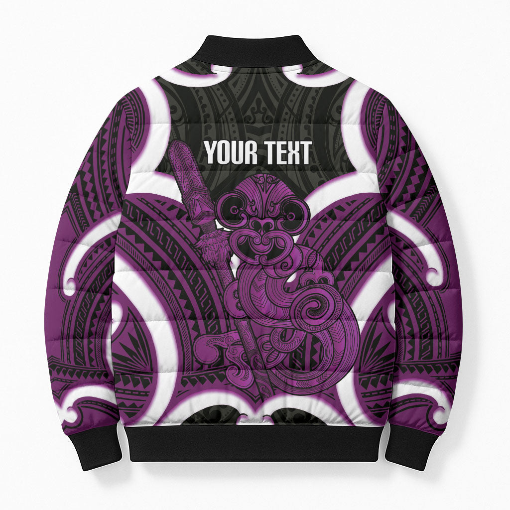 Waiporoporo Aotearoa Atua Tumatauenga Personalised Bomber Puffer Jacket Maori God Of War Tiki With Taiaha LT14 - Polynesian Pride