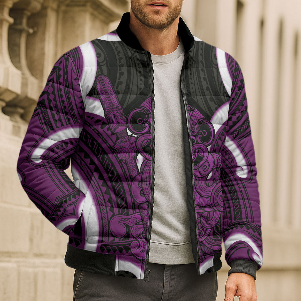 Waiporoporo Aotearoa Atua Tumatauenga Personalised Bomber Puffer Jacket Maori God Of War Tiki With Taiaha LT14 - Polynesian Pride
