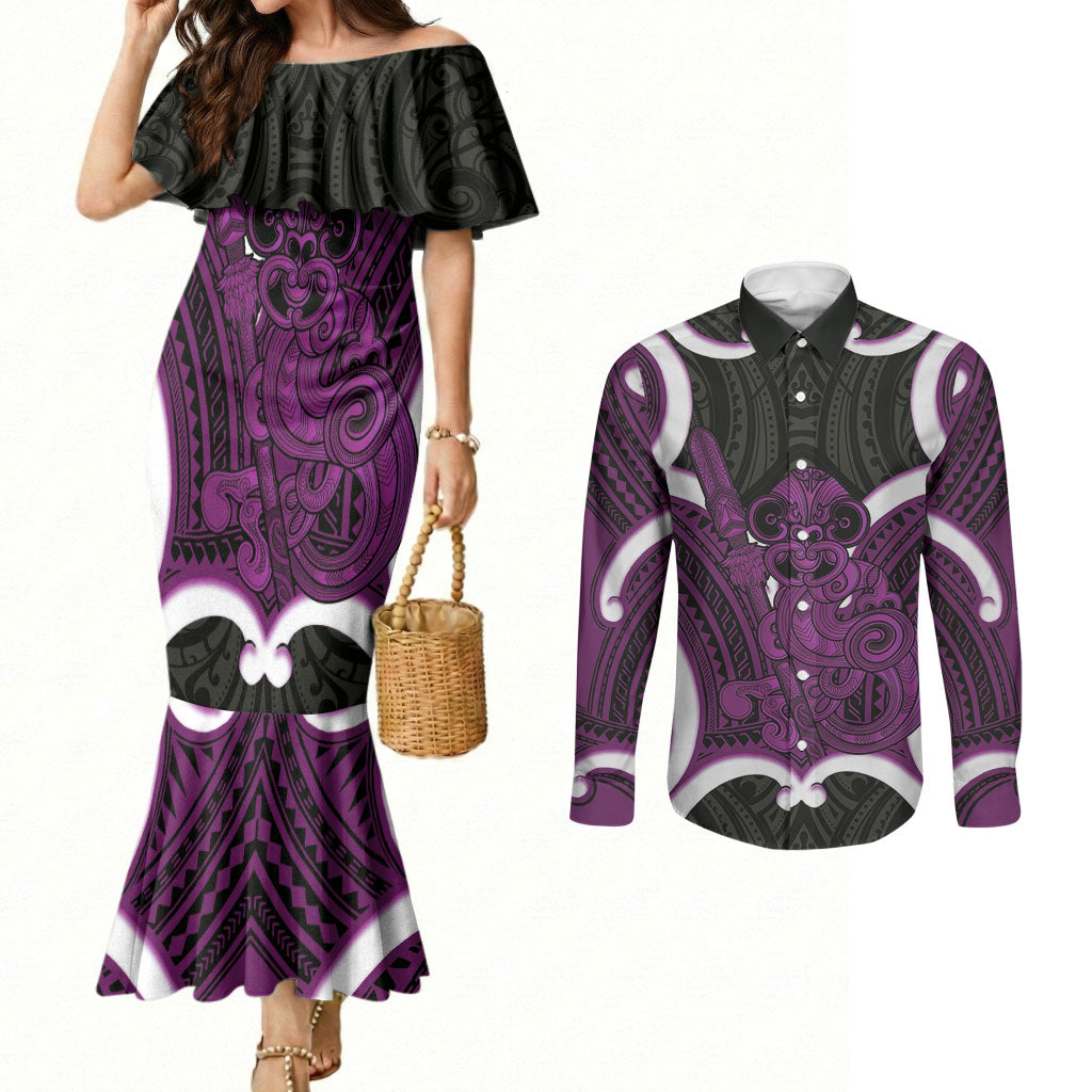 Waiporoporo Aotearoa Atua Tumatauenga Personalised Couples Matching Mermaid Dress and Long Sleeve Button Shirt Maori God Of War Tiki With Taiaha LT14 Purple - Polynesian Pride