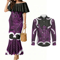 Waiporoporo Aotearoa Atua Tumatauenga Personalised Couples Matching Mermaid Dress and Long Sleeve Button Shirt Maori God Of War Tiki With Taiaha LT14 Purple - Polynesian Pride