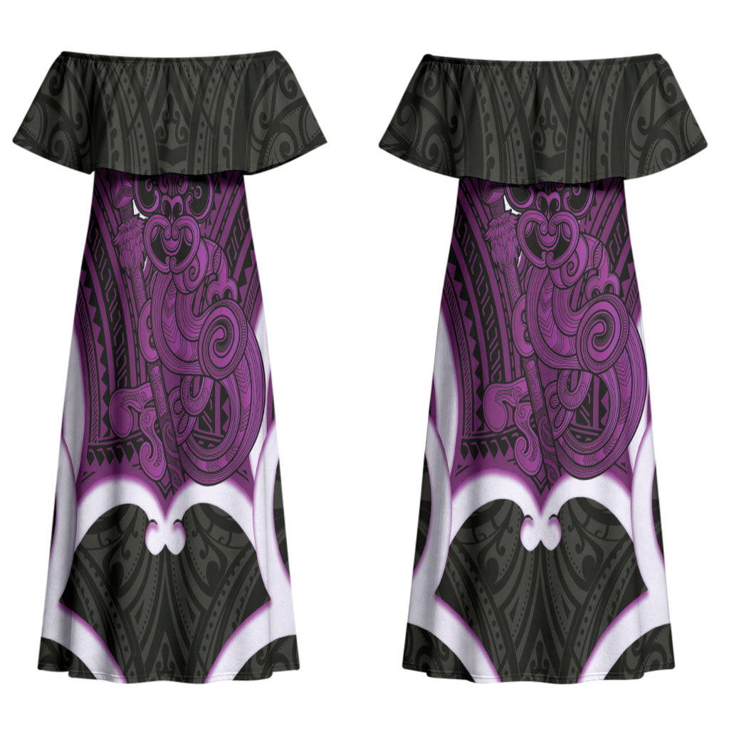Waiporoporo Aotearoa Atua Tumatauenga Personalised Couples Matching Off Shoulder Maxi Dress and Hawaiian Shirt Maori God Of War Tiki With Taiaha LT14 - Polynesian Pride