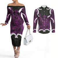 Waiporoporo Aotearoa Atua Tumatauenga Personalised Couples Matching Off The Shoulder Long Sleeve Dress and Long Sleeve Button Shirt Maori God Of War Tiki With Taiaha LT14 Purple - Polynesian Pride