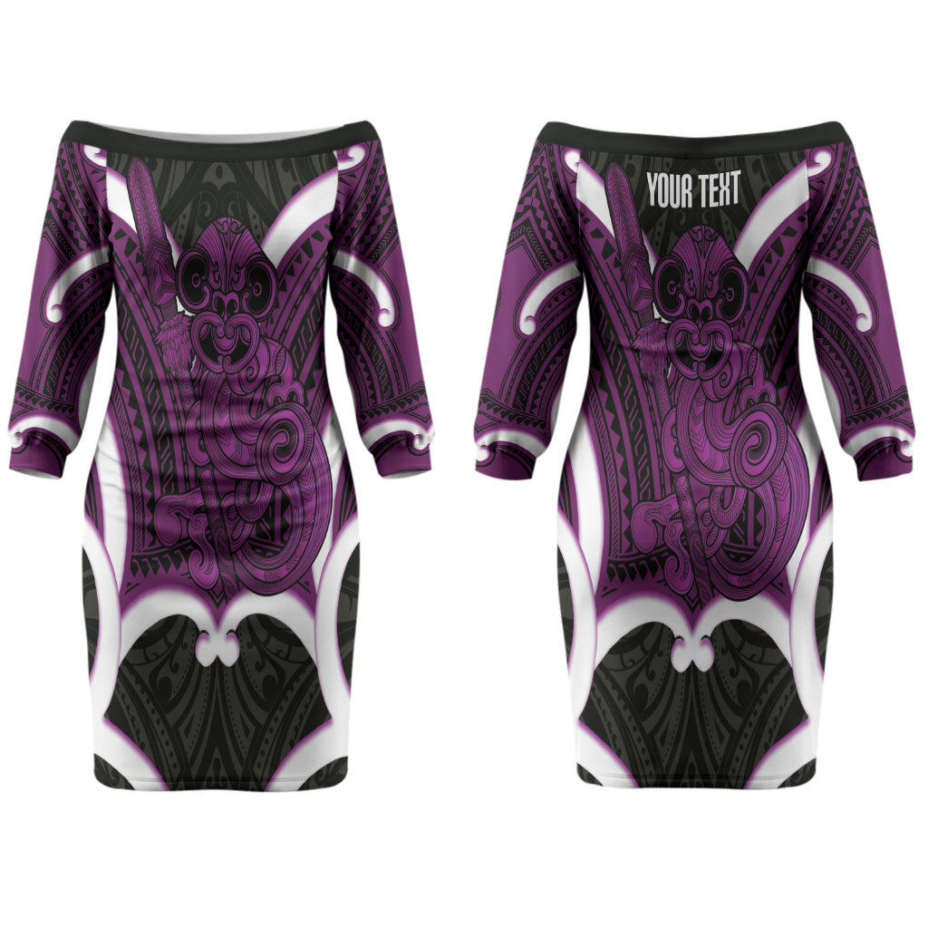 Waiporoporo Aotearoa Atua Tumatauenga Personalised Couples Matching Off The Shoulder Long Sleeve Dress and Long Sleeve Button Shirt Maori God Of War Tiki With Taiaha LT14 - Polynesian Pride