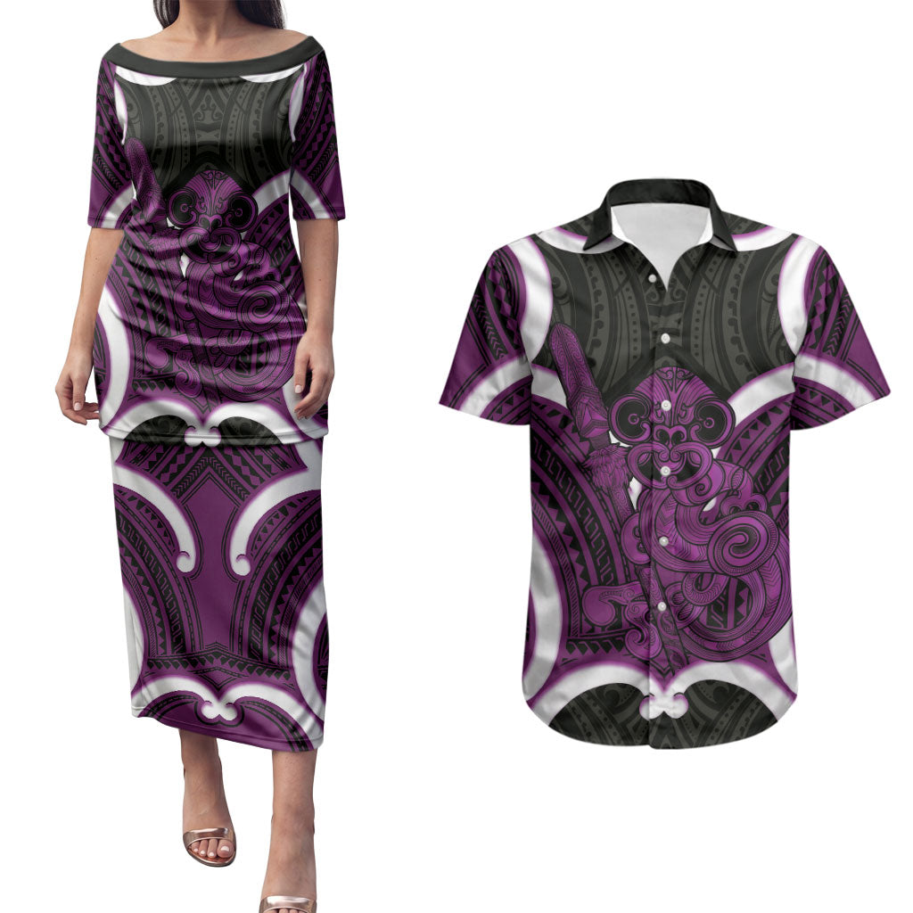 Waiporoporo Aotearoa Atua Tumatauenga Personalised Couples Matching Puletasi and Hawaiian Shirt Maori God Of War Tiki With Taiaha LT14 Purple - Polynesian Pride