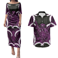 Waiporoporo Aotearoa Atua Tumatauenga Personalised Couples Matching Puletasi and Hawaiian Shirt Maori God Of War Tiki With Taiaha LT14 Purple - Polynesian Pride