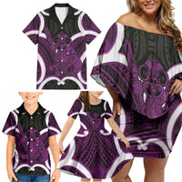 Waiporoporo Aotearoa Atua Tumatauenga Personalised Family Matching Off Shoulder Short Dress and Hawaiian Shirt Maori God Of War Tiki With Taiaha LT14 - Polynesian Pride