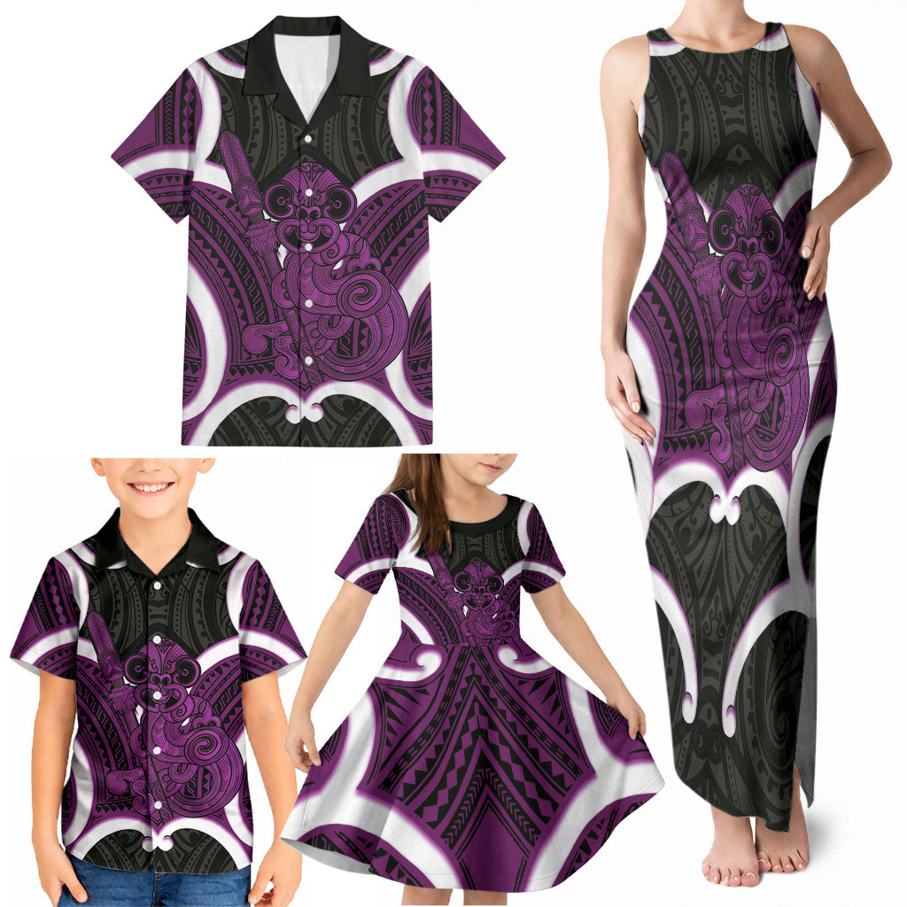 Waiporoporo Aotearoa Atua Tumatauenga Personalised Family Matching Tank Maxi Dress and Hawaiian Shirt Maori God Of War Tiki With Taiaha LT14 - Polynesian Pride