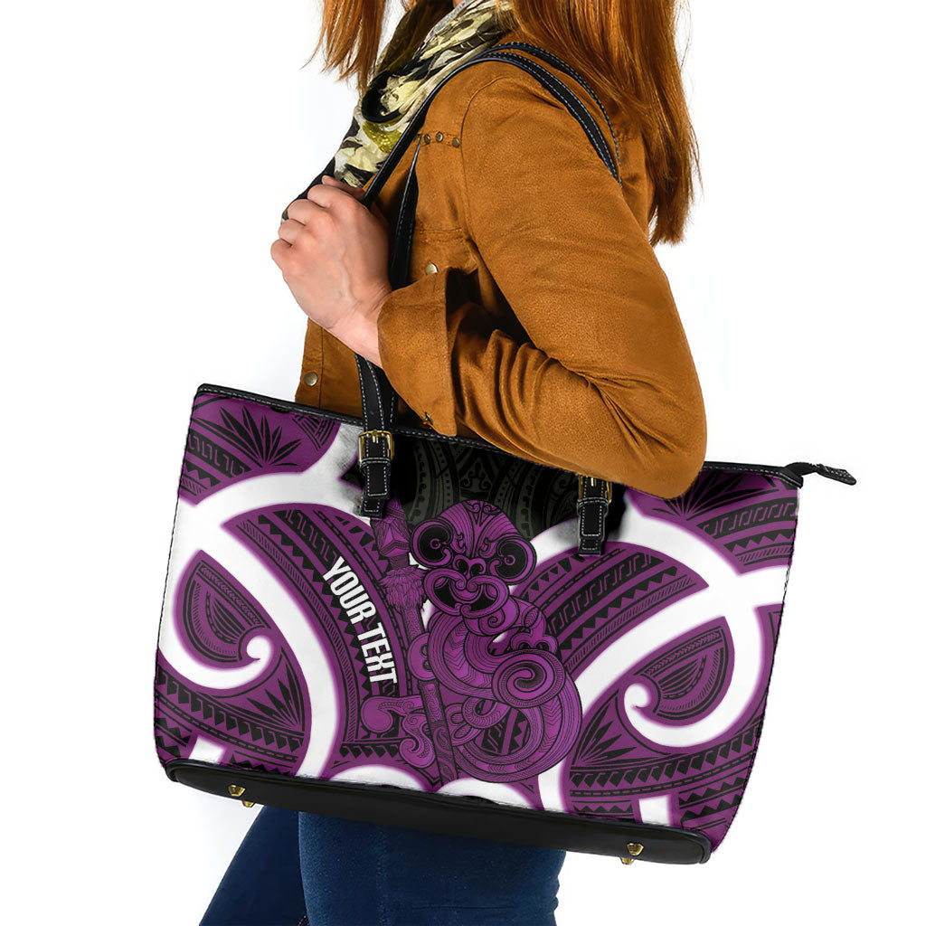 Waiporoporo Aotearoa Atua Tumatauenga Personalised Leather Tote Bag Maori God Of War Tiki With Taiaha LT14 Purple - Polynesian Pride