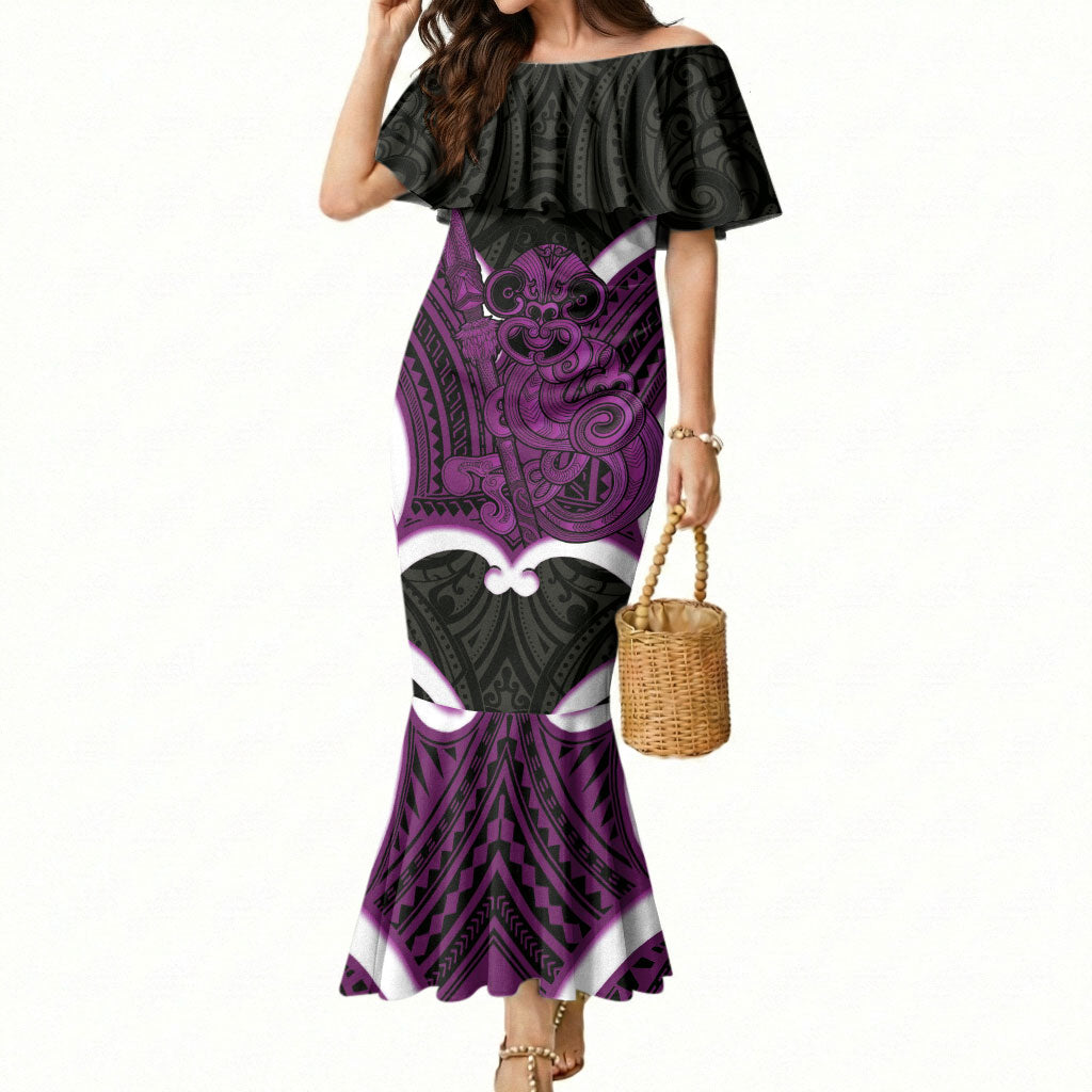 Waiporoporo Aotearoa Atua Tumatauenga Personalised Mermaid Dress Maori God Of War Tiki With Taiaha LT14 Women Purple - Polynesian Pride