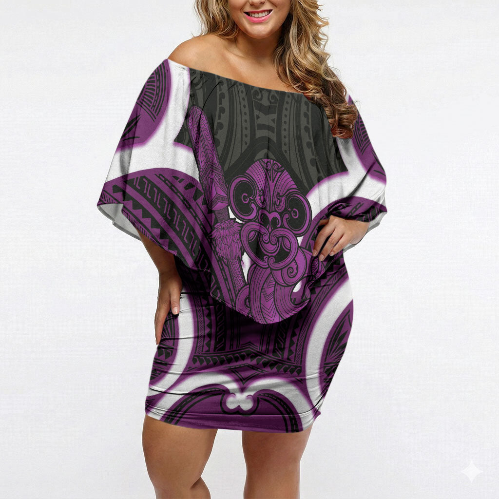 Waiporoporo Aotearoa Atua Tumatauenga Personalised Off Shoulder Short Dress Maori God Of War Tiki With Taiaha LT14 Women Purple - Polynesian Pride