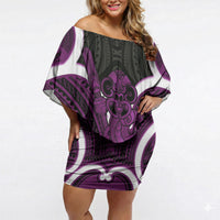Waiporoporo Aotearoa Atua Tumatauenga Personalised Off Shoulder Short Dress Maori God Of War Tiki With Taiaha LT14 Women Purple - Polynesian Pride