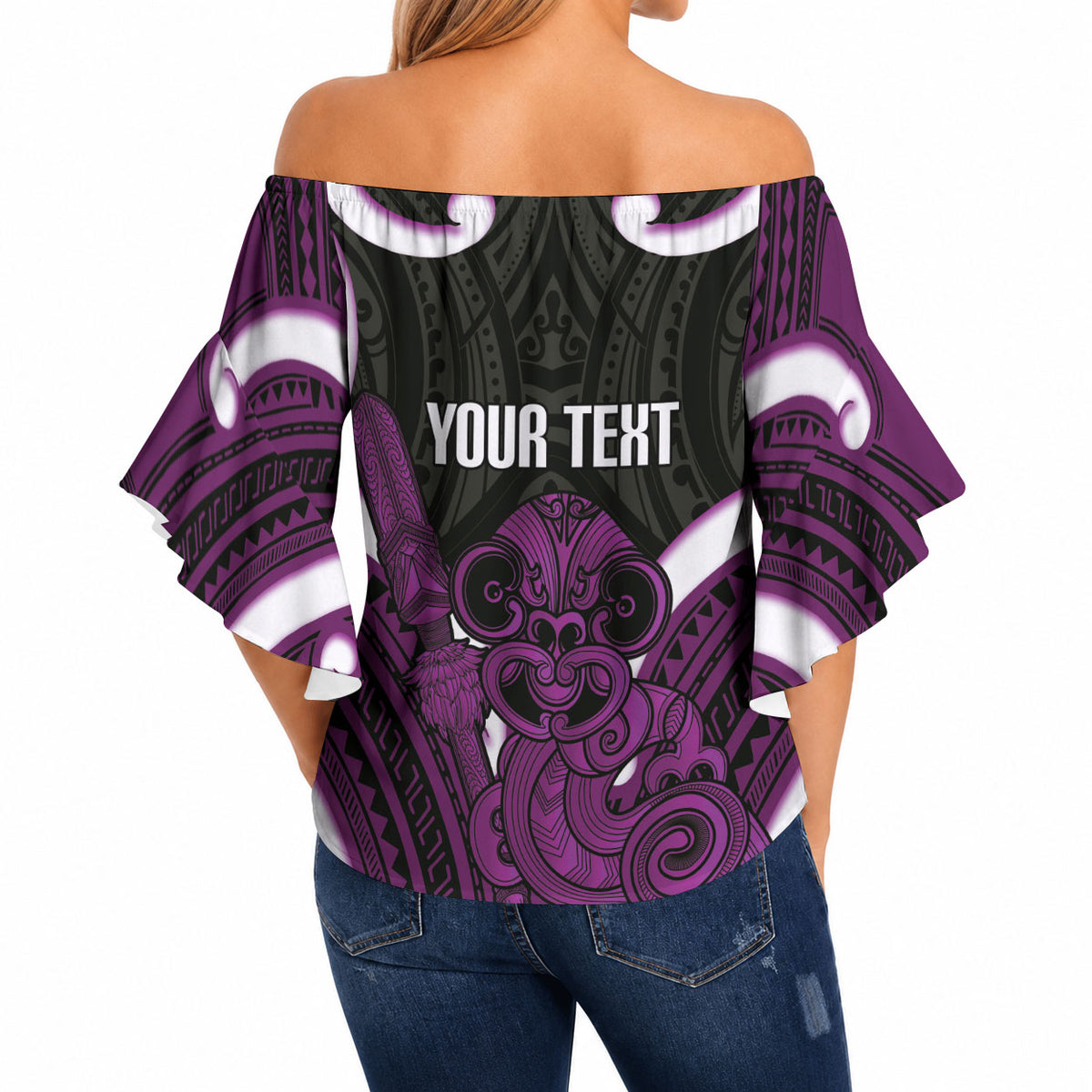 Waiporoporo Aotearoa Atua Tumatauenga Personalised Off Shoulder Wrap Waist Top Maori God Of War Tiki With Taiaha LT14 - Polynesian Pride