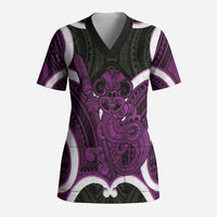 Waiporoporo Aotearoa Atua Tumatauenga Personalised Scrub Top Maori God Of War Tiki With Taiaha LT14 Adult Purple - Polynesian Pride