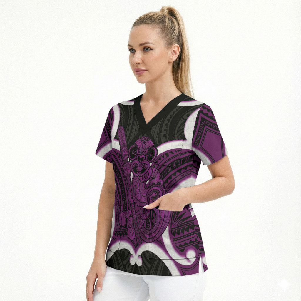 Waiporoporo Aotearoa Atua Tumatauenga Personalised Scrub Top Maori God Of War Tiki With Taiaha LT14 - Polynesian Pride