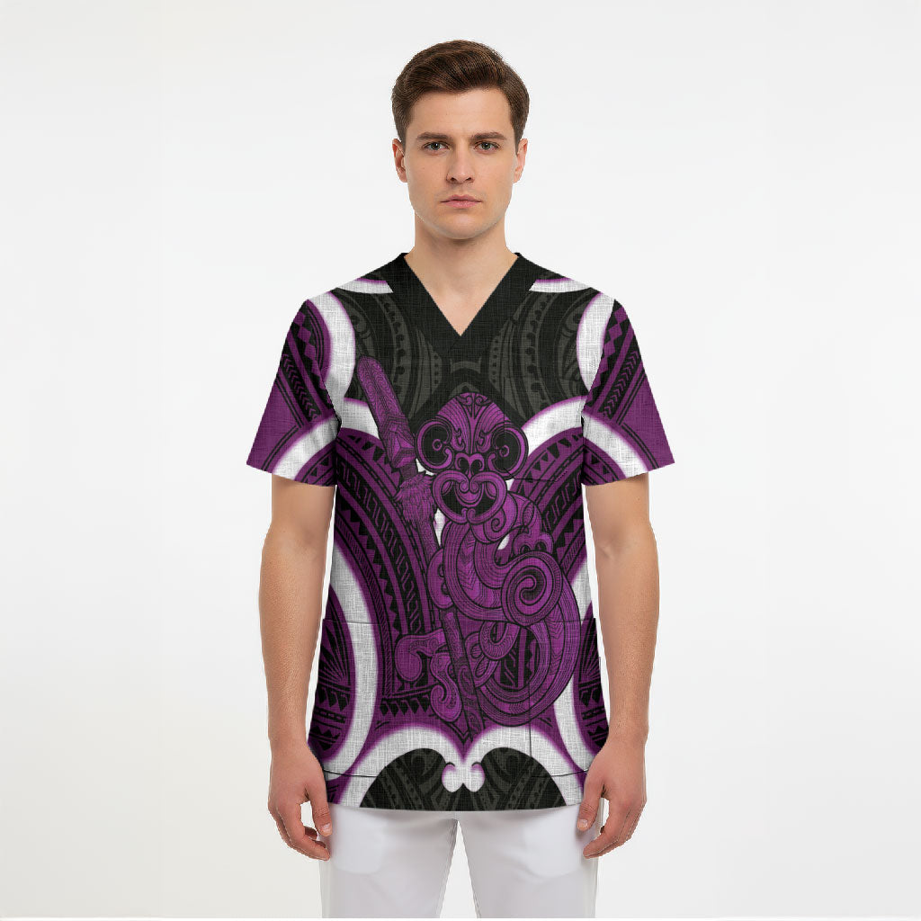 Waiporoporo Aotearoa Atua Tumatauenga Personalised Scrub Top Maori God Of War Tiki With Taiaha LT14 - Polynesian Pride