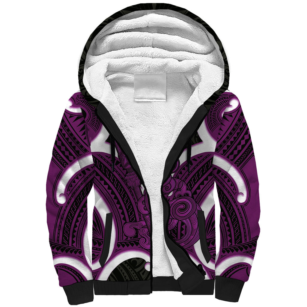Waiporoporo Aotearoa Atua Tumatauenga Personalised Sherpa Hoodie Maori God Of War Tiki With Taiaha LT14 Unisex Purple - Polynesian Pride