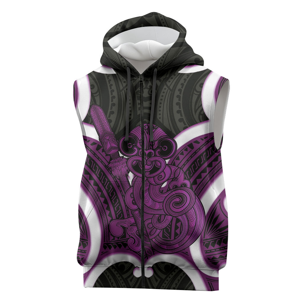 Waiporoporo Aotearoa Atua Tumatauenga Personalised Sleeveless Zip Hoodie Maori God Of War Tiki With Taiaha LT14 Purple - Polynesian Pride