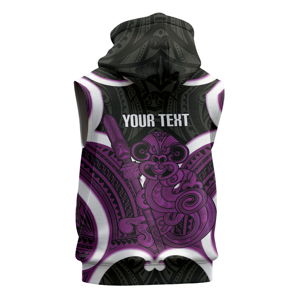 Waiporoporo Aotearoa Atua Tumatauenga Personalised Sleeveless Zip Hoodie Maori God Of War Tiki With Taiaha LT14 - Polynesian Pride