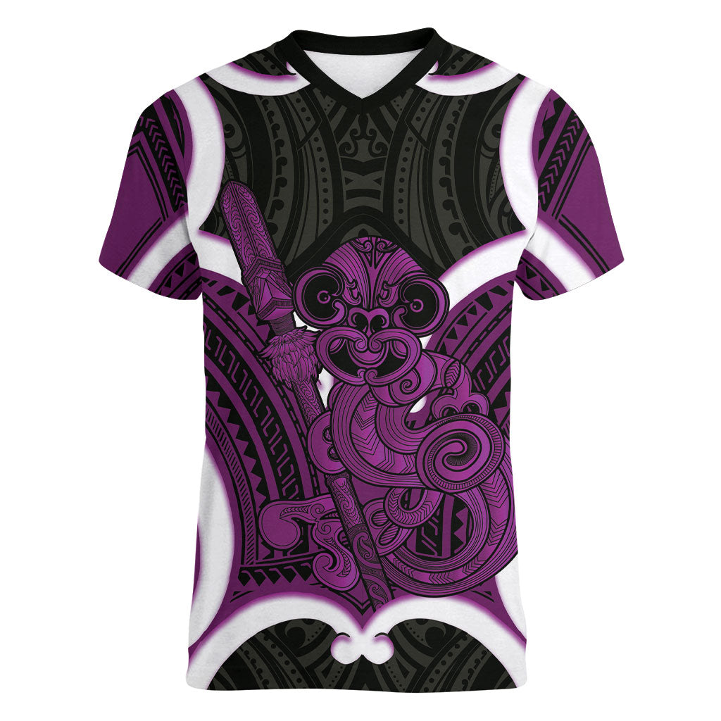 Waiporoporo Aotearoa Atua Tumatauenga Personalised Women V-Neck T-Shirt Maori God Of War Tiki With Taiaha LT14 Female Purple - Polynesian Pride