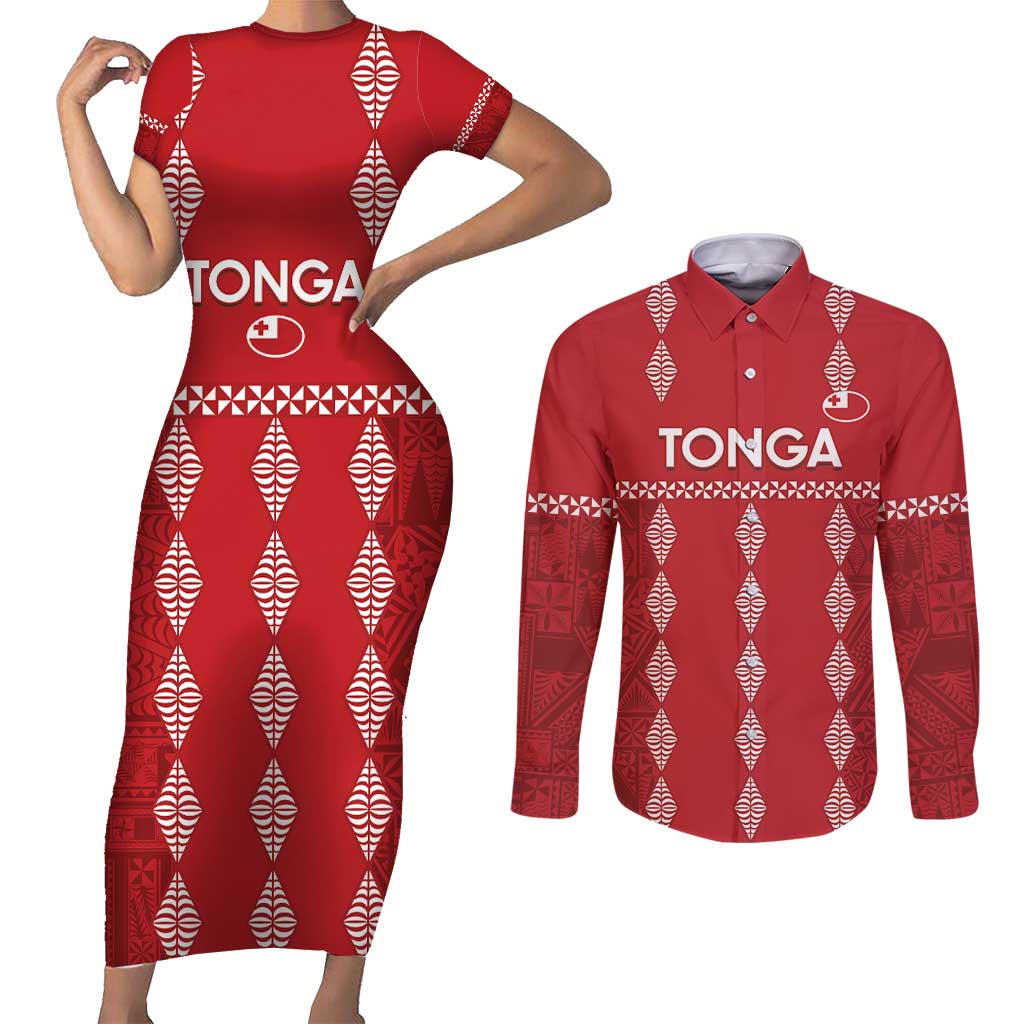 Custom Tonga Rugby 2024 Couples Matching Short Sleeve Bodycon Dress and Long Sleeve Button Shirt Go Champions Ikale Tahi Ngatu Pattern LT14 Red - Polynesian Pride