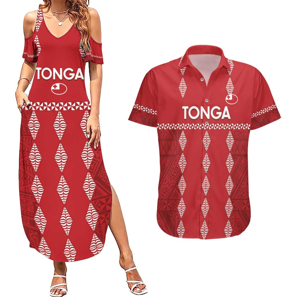 Custom Tonga Rugby 2024 Couples Matching Summer Maxi Dress and Hawaiian Shirt Go Champions Ikale Tahi Ngatu Pattern LT14 Red - Polynesian Pride