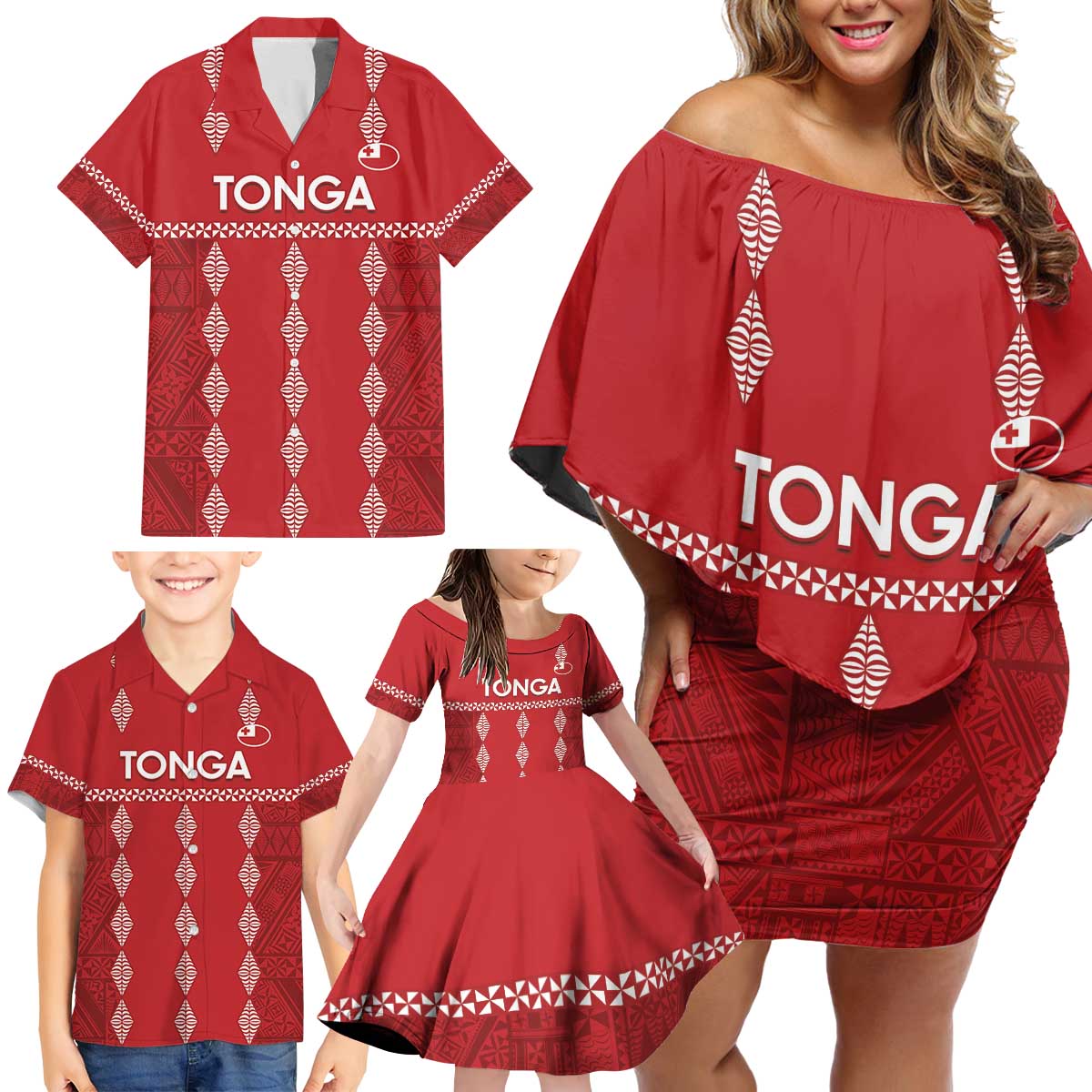 Custom Tonga Rugby 2024 Family Matching Off Shoulder Short Dress and Hawaiian Shirt Go Champions Ikale Tahi Ngatu Pattern LT14 - Polynesian Pride