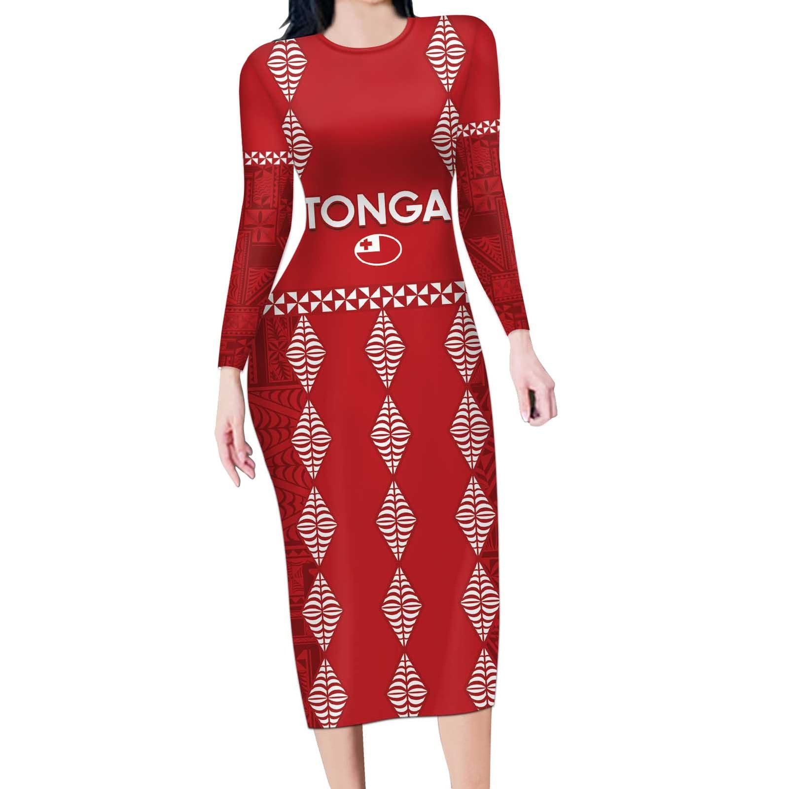 Custom Tonga Rugby 2024 Long Sleeve Bodycon Dress Go Champions Ikale Tahi Ngatu Pattern LT14 Long Dress Red - Polynesian Pride