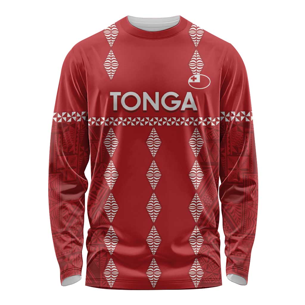 Custom Tonga Rugby 2024 Long Sleeve Shirt Go Champions Ikale Tahi Ngatu Pattern LT14 Unisex Red - Polynesian Pride