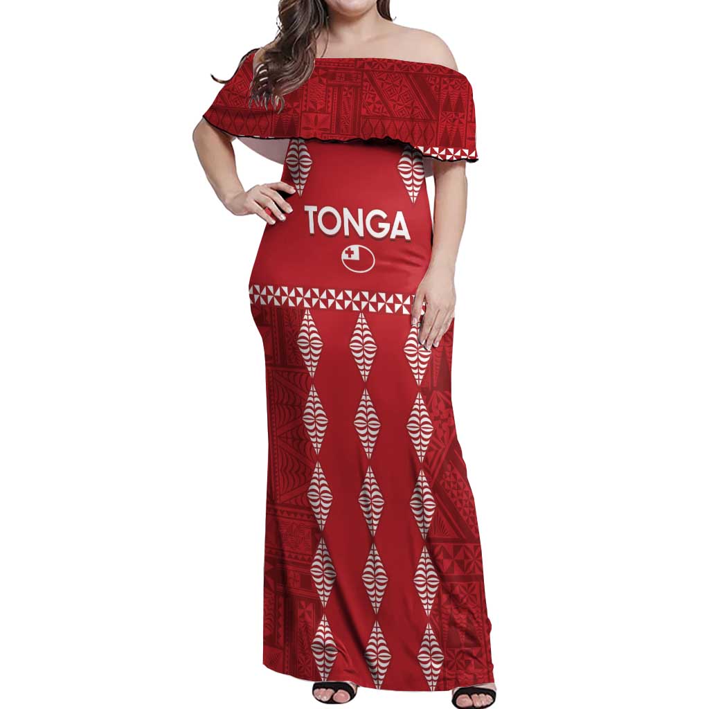 Custom Tonga Rugby 2024 Off Shoulder Maxi Dress Go Champions Ikale Tahi Ngatu Pattern LT14 Women Red - Polynesian Pride