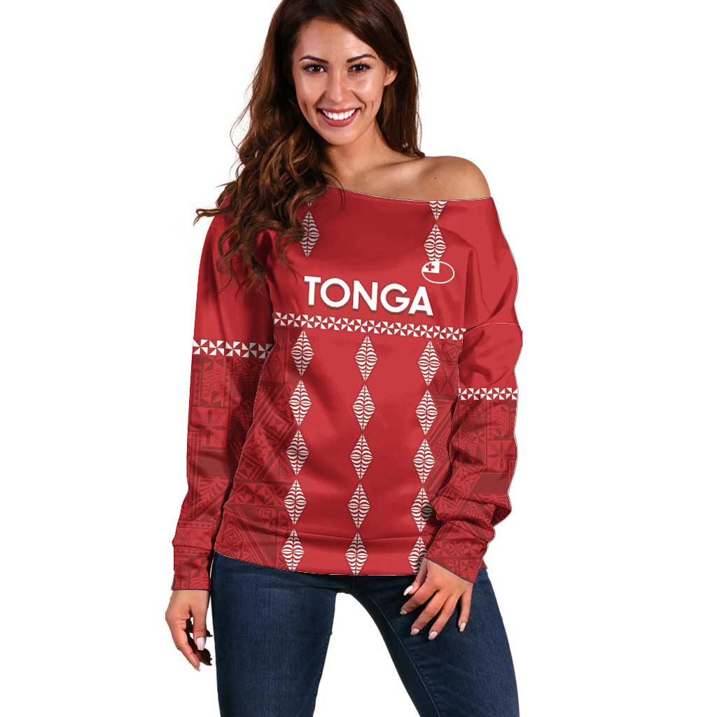 Custom Tonga Rugby 2024 Off Shoulder Sweater Go Champions Ikale Tahi Ngatu Pattern LT14 Women Red - Polynesian Pride