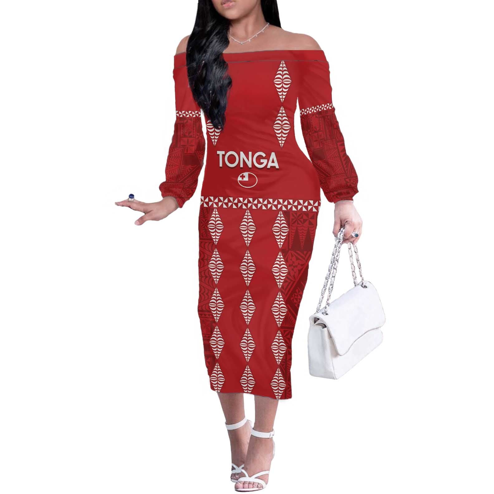 Custom Tonga Rugby 2024 Off The Shoulder Long Sleeve Dress Go Champions Ikale Tahi Ngatu Pattern LT14 Women Red - Polynesian Pride