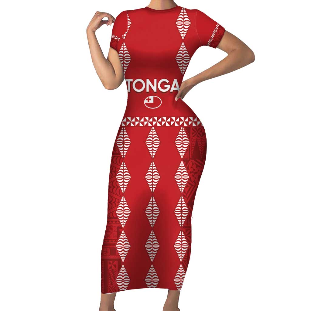 Custom Tonga Rugby 2024 Short Sleeve Bodycon Dress Go Champions Ikale Tahi Ngatu Pattern LT14 Long Dress Red - Polynesian Pride