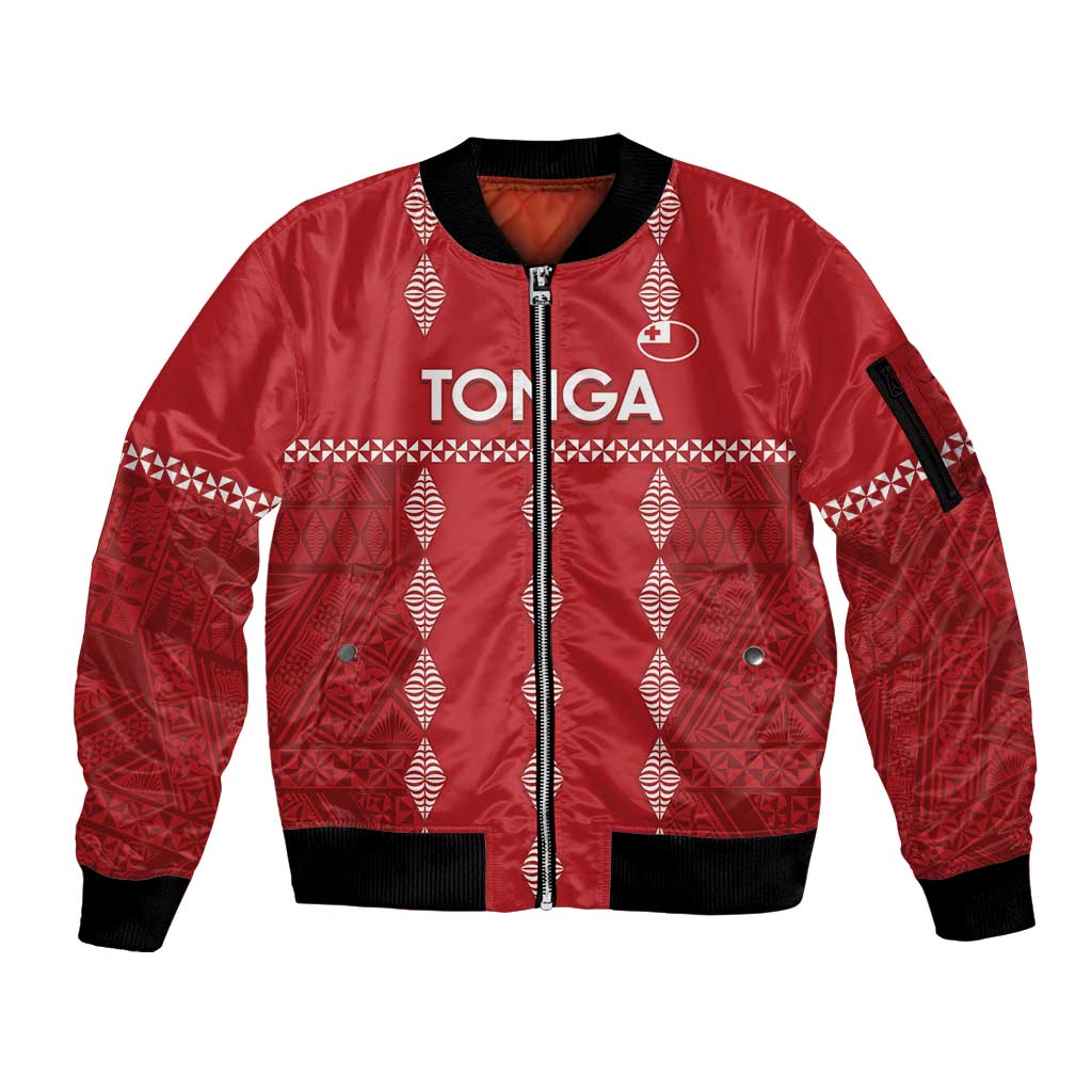 Custom Tonga Rugby 2024 Sleeve Zip Bomber Jacket Go Champions Ikale Tahi Ngatu Pattern LT14 Unisex Red - Polynesian Pride