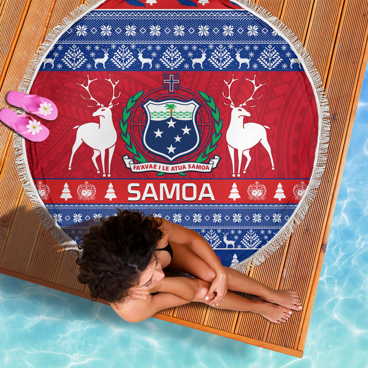 Personalised Samoa Christmas Beach Blanket Samoan Coat Of Arms Manuia Le Kirisimas LT14 - Wonder Print Shop