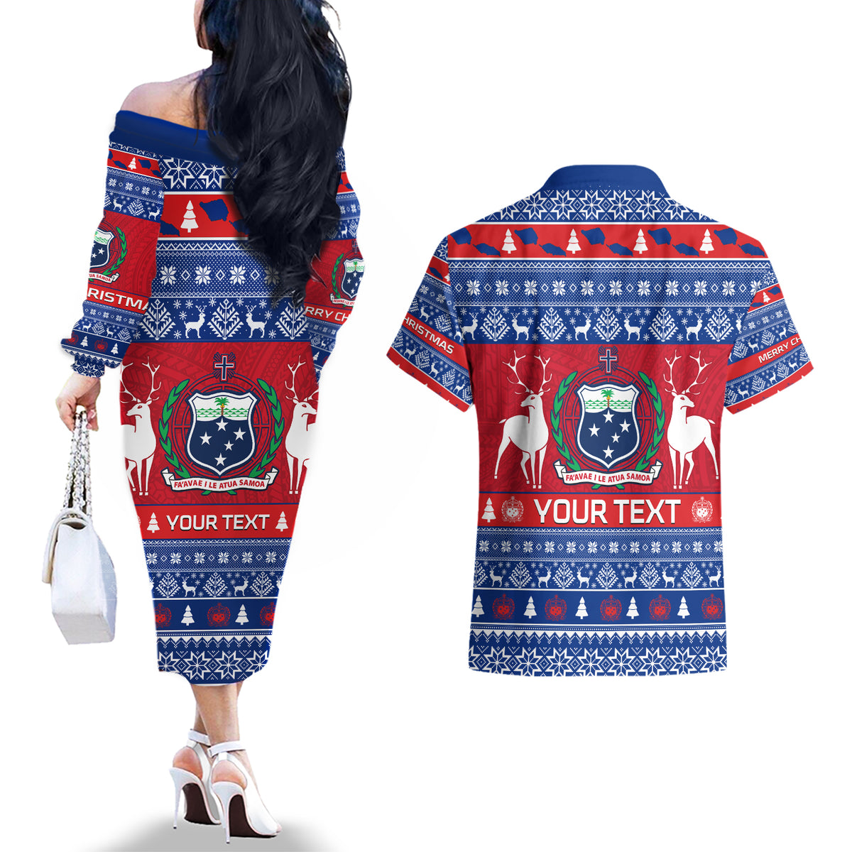 Personalised Samoa Christmas Couples Matching Off The Shoulder Long Sleeve Dress and Hawaiian Shirt Samoan Coat Of Arms Manuia Le Kirisimas LT14 - Polynesian Pride