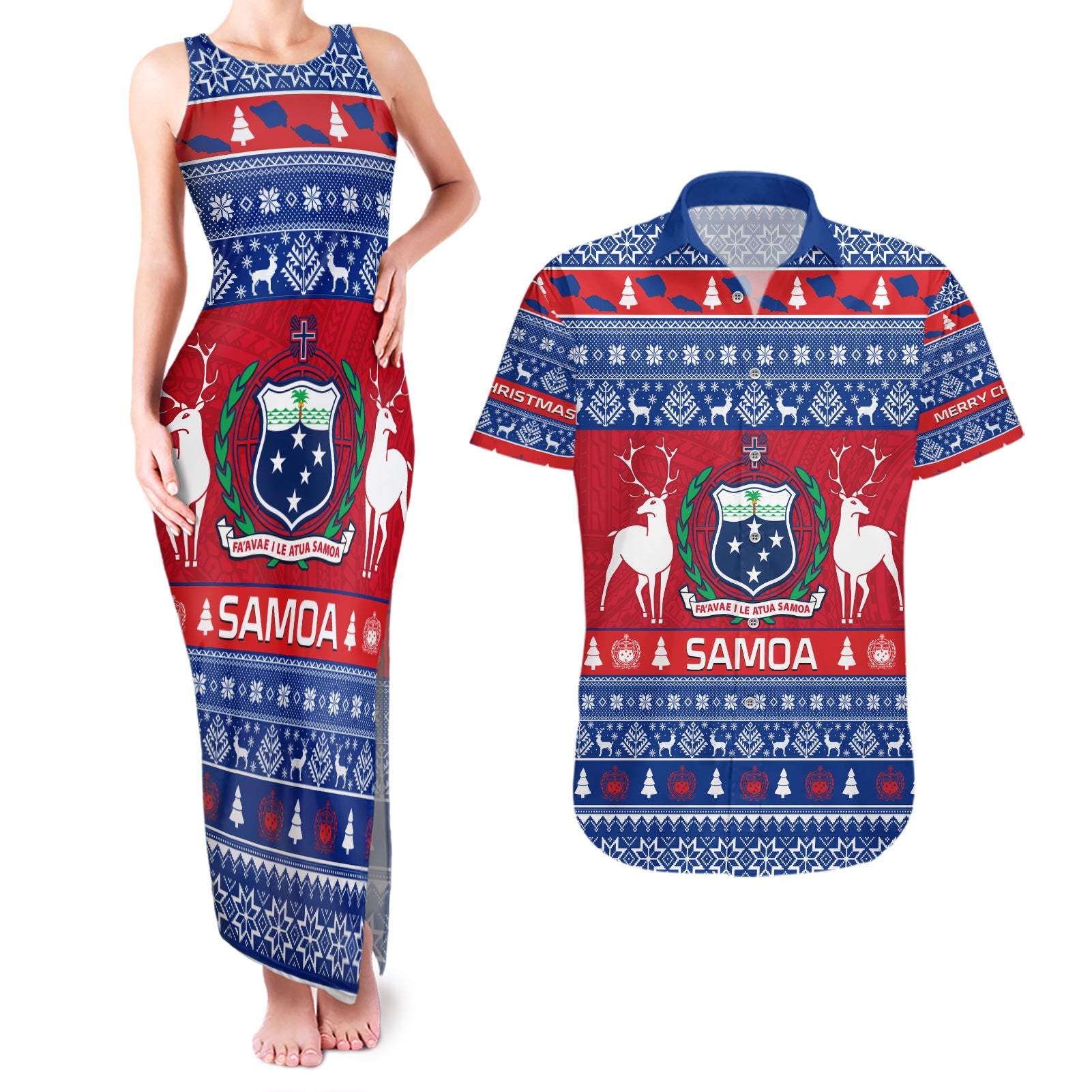Personalised Samoa Christmas Couples Matching Tank Maxi Dress and Hawaiian Shirt Samoan Coat Of Arms Manuia Le Kirisimas LT14 Blue - Polynesian Pride