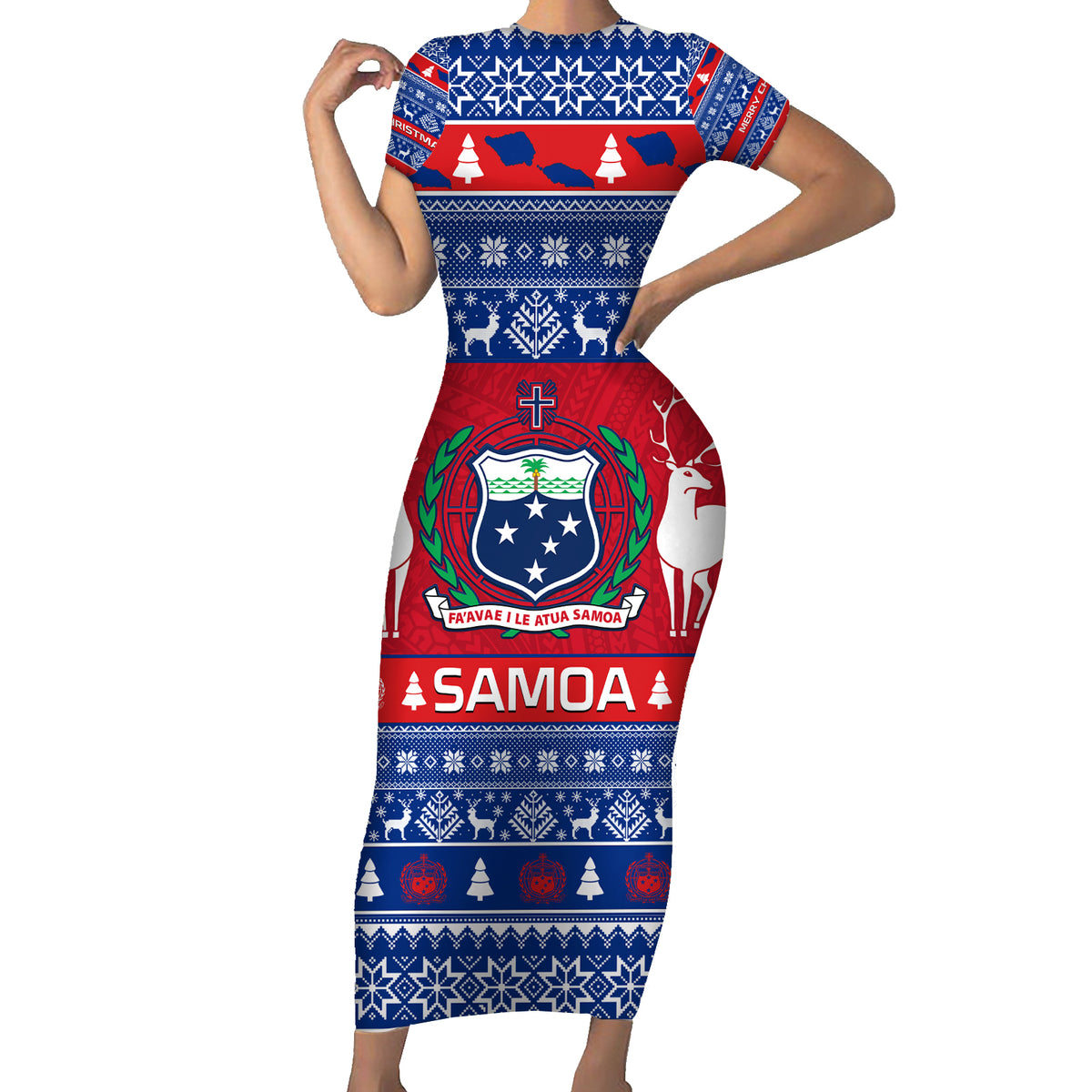 Personalised Samoa Christmas Family Matching Short Sleeve Bodycon Dress and Hawaiian Shirt Samoan Coat Of Arms Manuia Le Kirisimas LT14 Mom's Dress Blue - Polynesian Pride