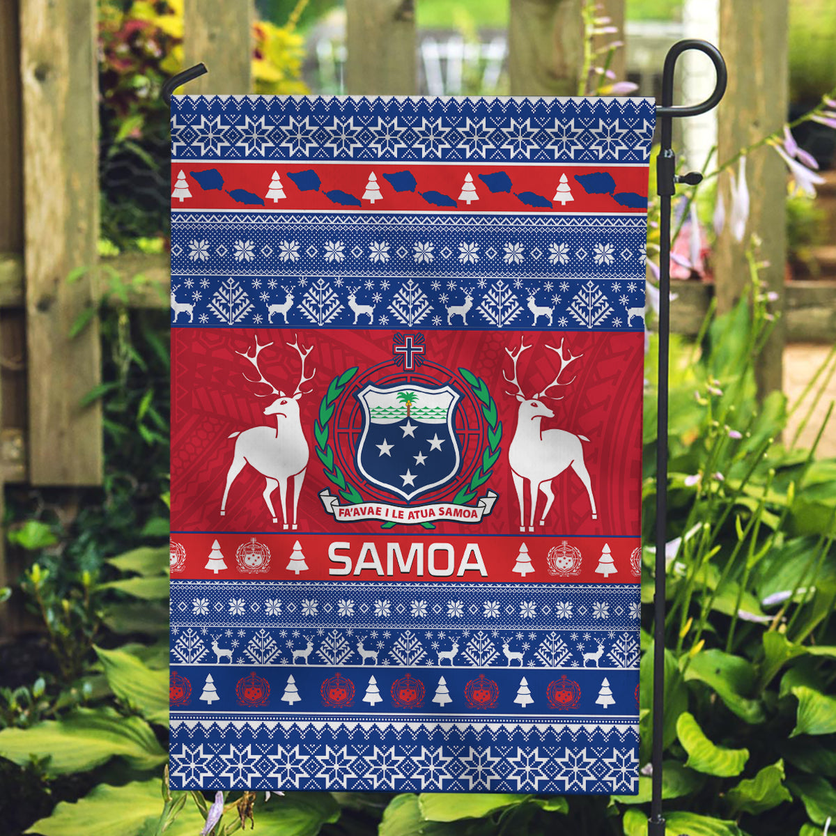 Personalised Samoa Christmas Garden Flag Samoan Coat Of Arms Manuia Le Kirisimas LT14 Garden Flag Blue - Polynesian Pride