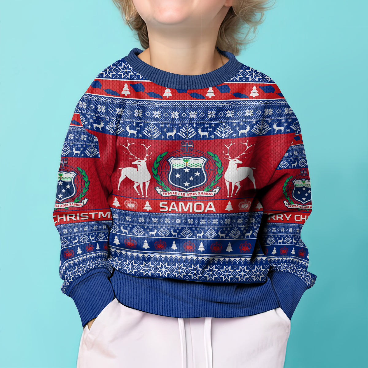 Personalised Samoa Christmas Kid Ugly Christmas Sweater Samoan Coat Of Arms Manuia Le Kirisimas LT14 - Polynesian Pride
