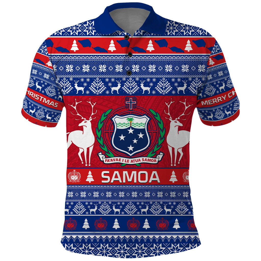 Personalised Samoa Christmas Polo Shirt Samoan Coat Of Arms Manuia Le Kirisimas LT14 Blue - Polynesian Pride