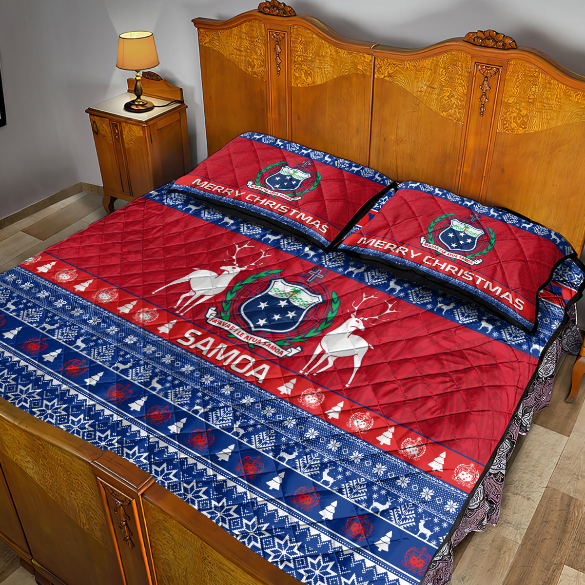 Personalised Samoa Christmas Quilt Bed Set Samoan Coat Of Arms Manuia Le Kirisimas LT14 - Polynesian Pride