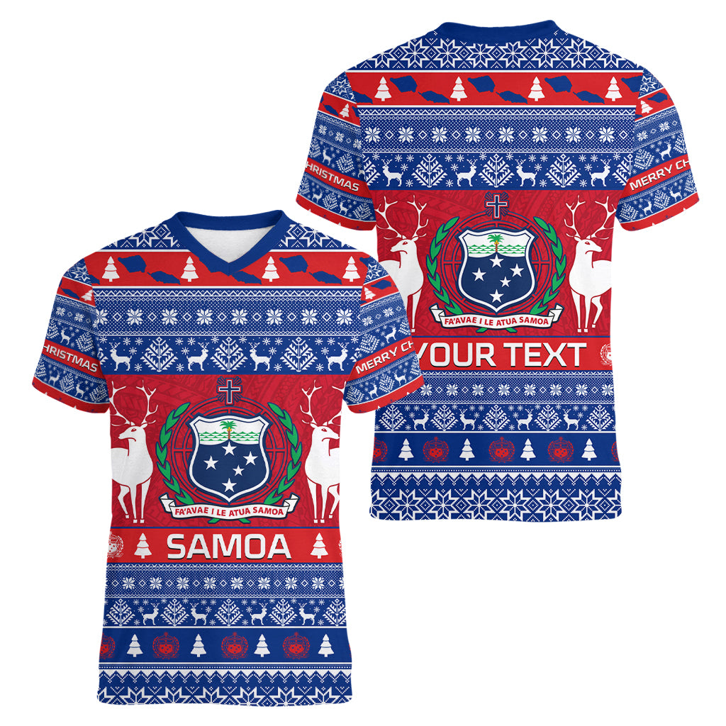 Personalised Samoa Christmas Women V Neck T Shirt Samoan Coat Of Arms Manuia Le Kirisimas LT14 - Polynesian Pride
