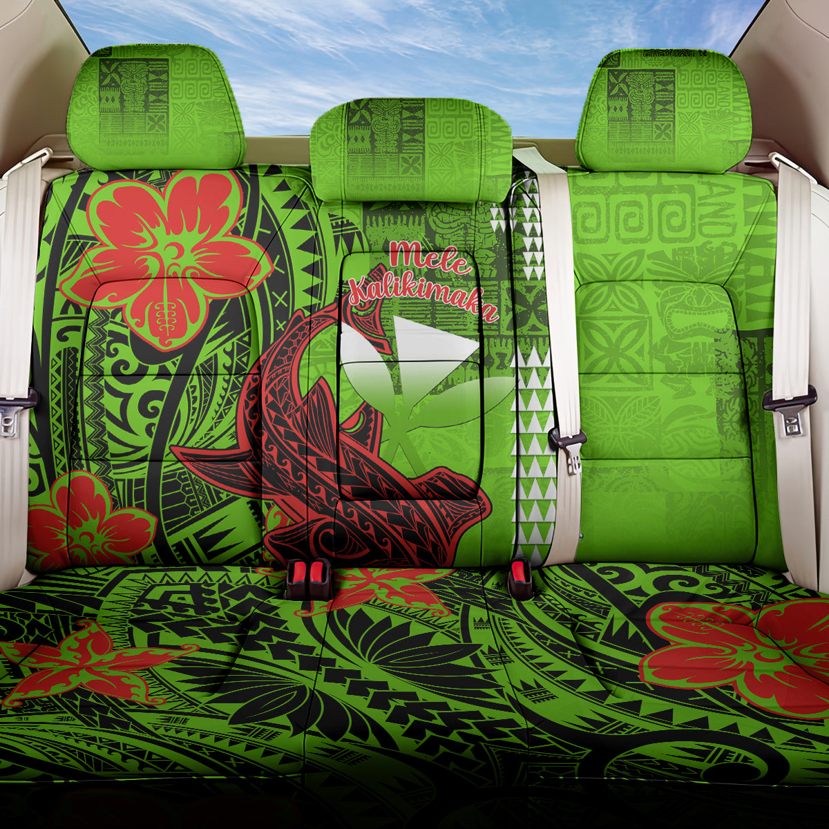 Personalised Hawaii Christmas Back Car Seat Cover Mele Kalikimaka Kakau Polynesian Shark Tattoo LT14 One Size Green - Polynesian Pride