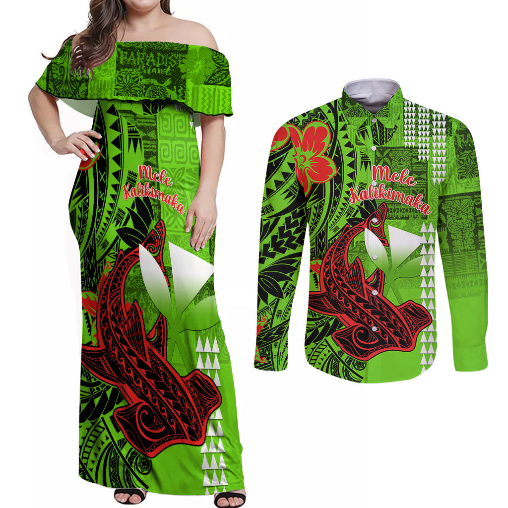 Personalised Hawaii Christmas Couples Matching Off Shoulder Maxi Dress and Long Sleeve Button Shirts Mele Kalikimaka Kakau Polynesian Shark Tattoo LT14 Green - Polynesian Pride