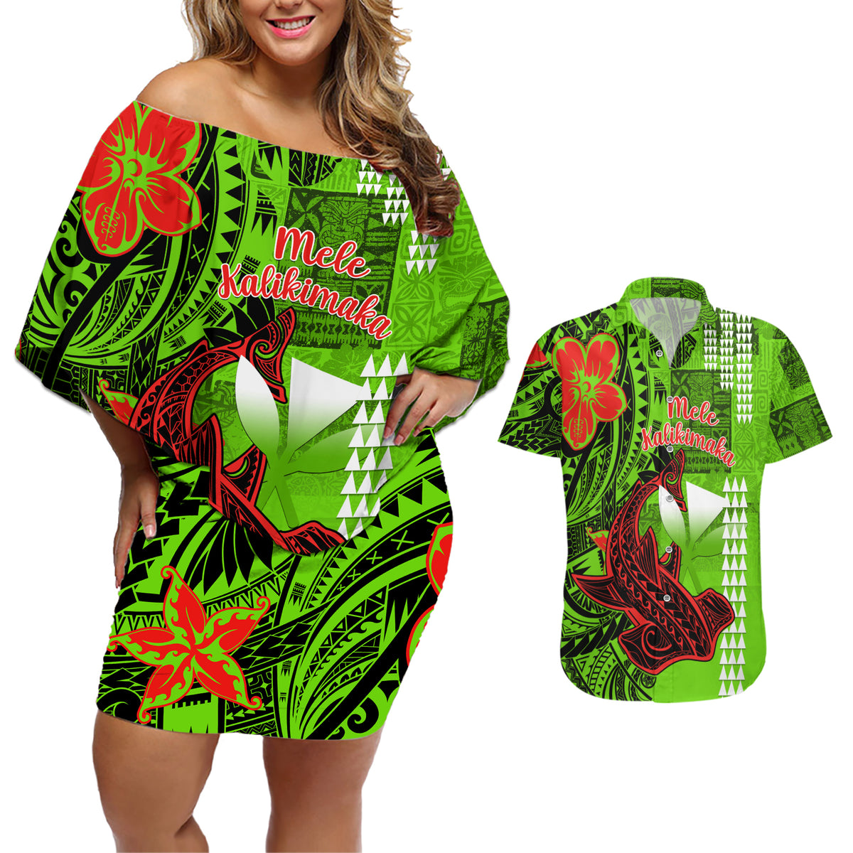 Personalised Hawaii Christmas Couples Matching Off Shoulder Short Dress and Hawaiian Shirt Mele Kalikimaka Kakau Polynesian Shark Tattoo LT14 Green - Polynesian Pride