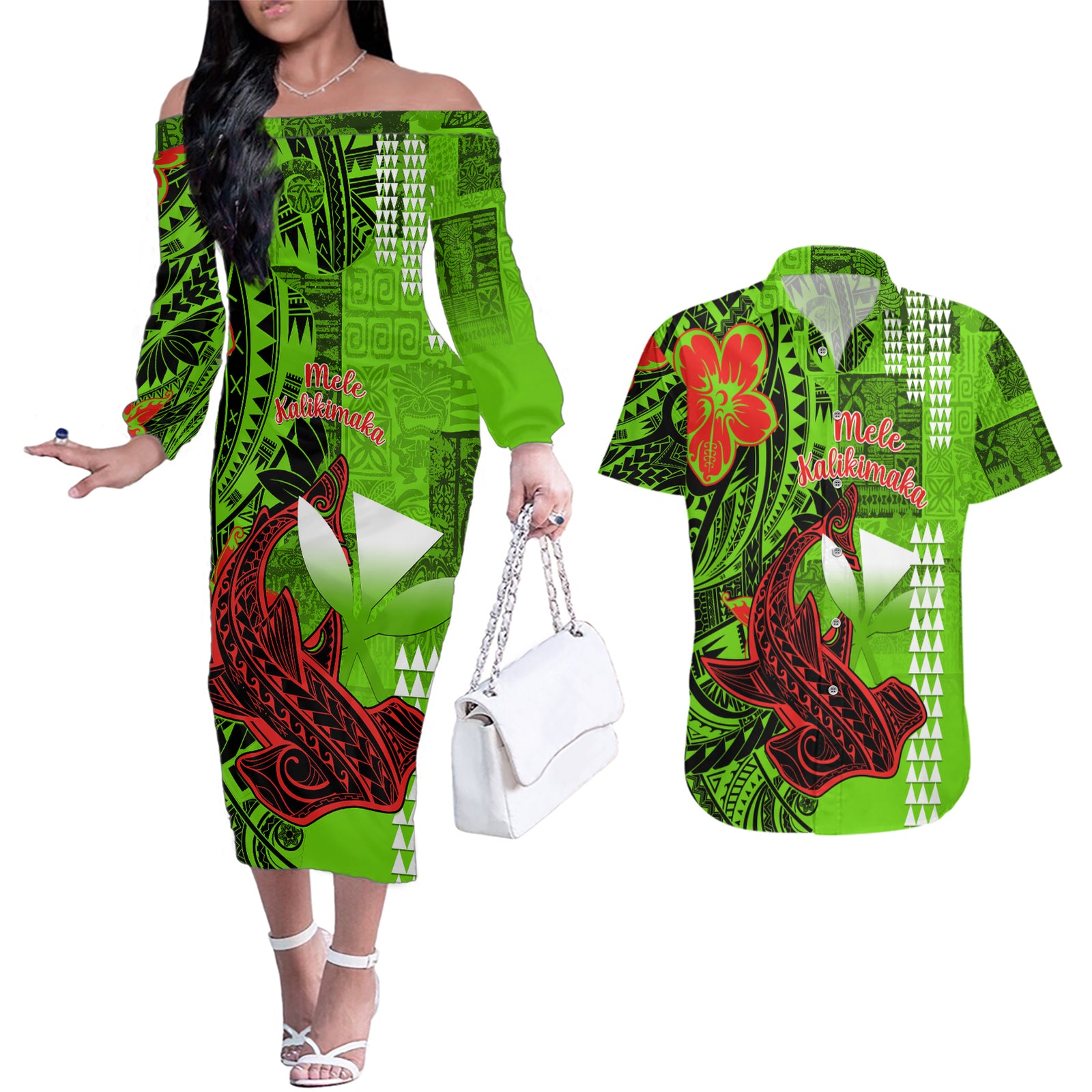 Personalised Hawaii Christmas Couples Matching Off The Shoulder Long Sleeve Dress and Hawaiian Shirt Mele Kalikimaka Kakau Polynesian Shark Tattoo LT14 Green - Polynesian Pride