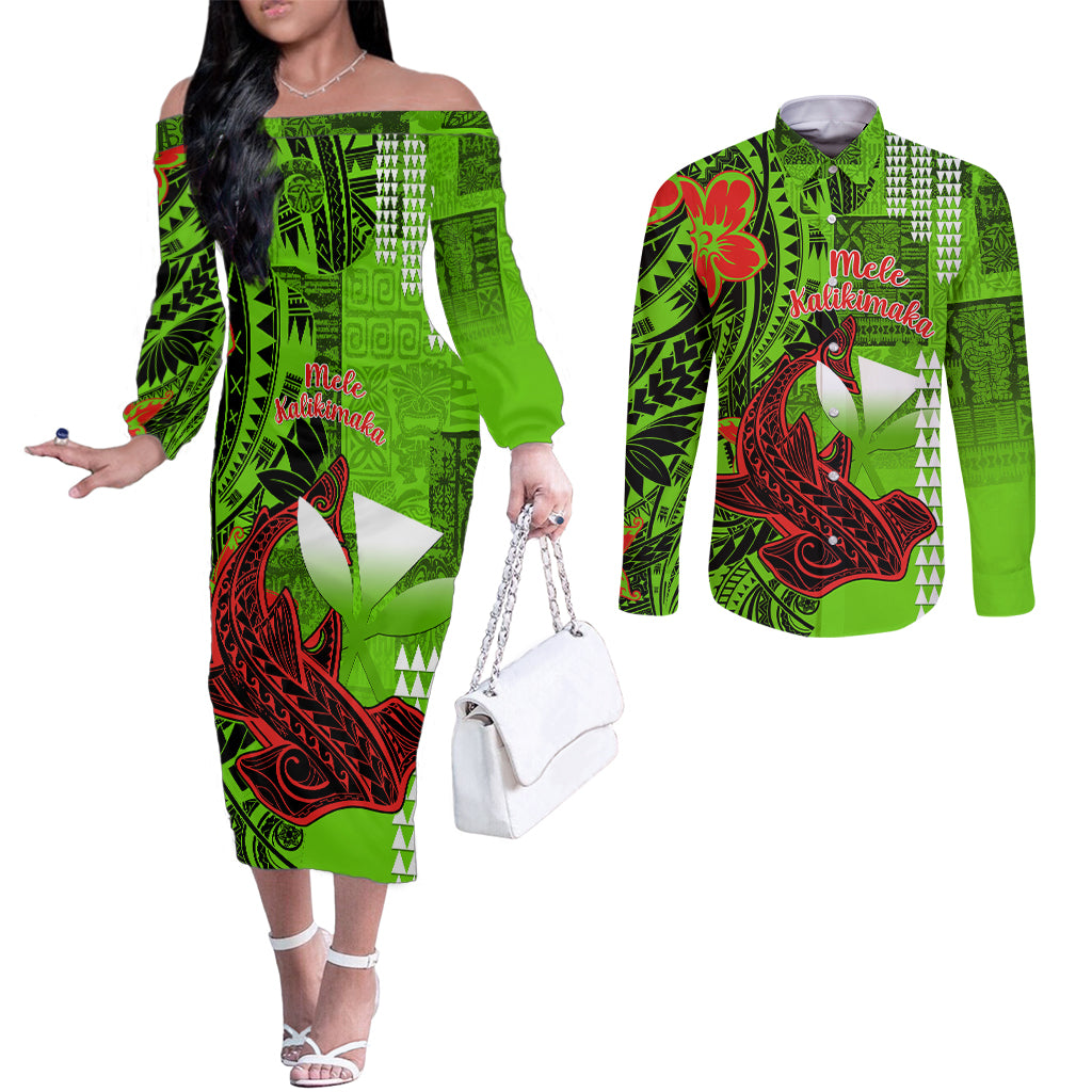 Personalised Hawaii Christmas Couples Matching Off The Shoulder Long Sleeve Dress and Long Sleeve Button Shirts Mele Kalikimaka Kakau Polynesian Shark Tattoo LT14 Green - Polynesian Pride