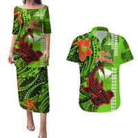 Personalised Hawaii Christmas Couples Matching Puletasi Dress and Hawaiian Shirt Mele Kalikimaka Kakau Polynesian Shark Tattoo LT14 Green - Polynesian Pride